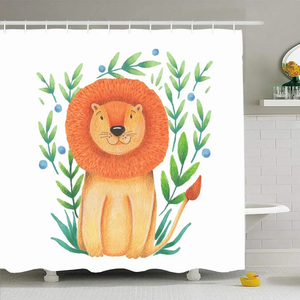 

Shower Curtain Set with Hooks 60x72 Safari Watercolor Cute Pattern Colorful Lion Kids with Orange Animals Wildlife Smile Nature