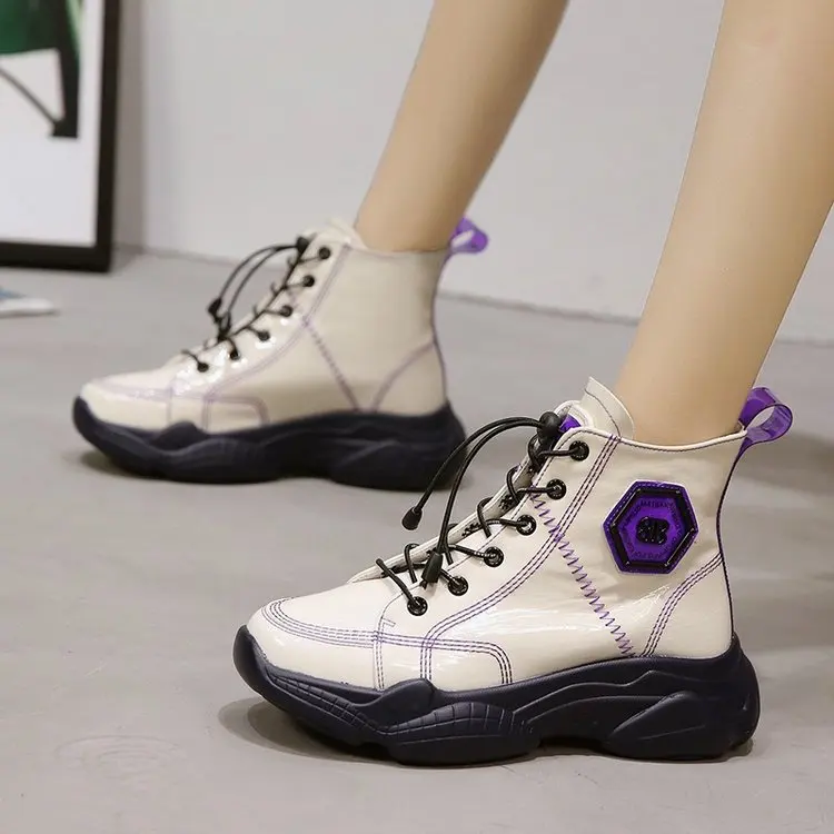 Черно-белые высокие кроссовки из лакированной кожи женская повседневная обувь