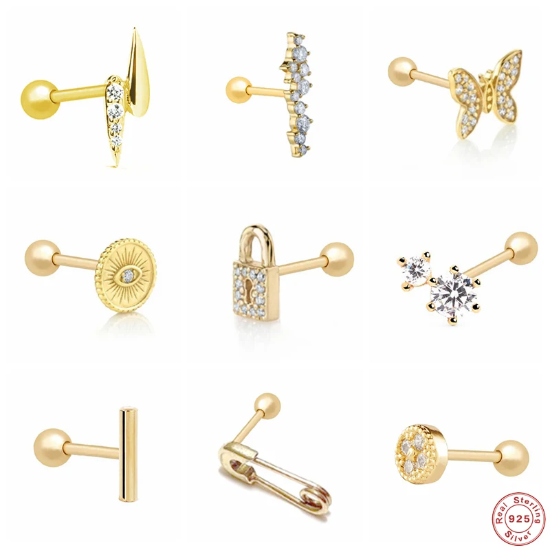 

Aide 925 Sterling Silver Zircon Butterfly Lock Lightning Stud Earrings For Women Clear Crystal Safety Pin Eye Shape Ear Stud 1PC