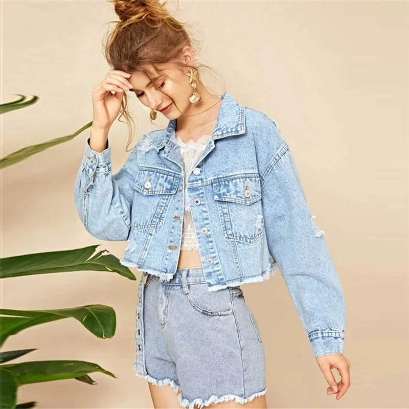 

2020 Women Denim Jackets Holes Flayed Spring And Autumn New Style Motorcyle Vintage Jeans Jackets Retro Biker Coats