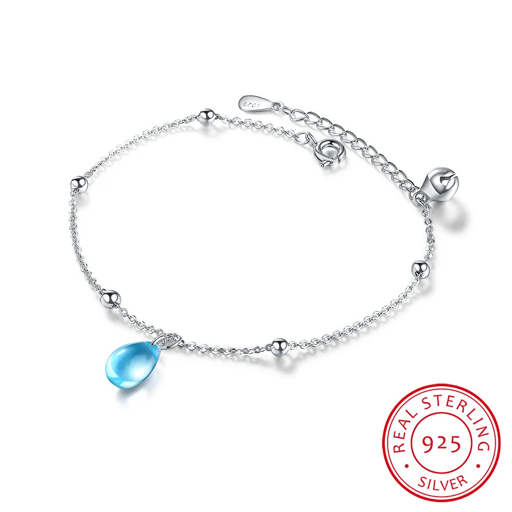 Женский браслет из серебра 925 пробы с голубыми кристаллами в форме капли