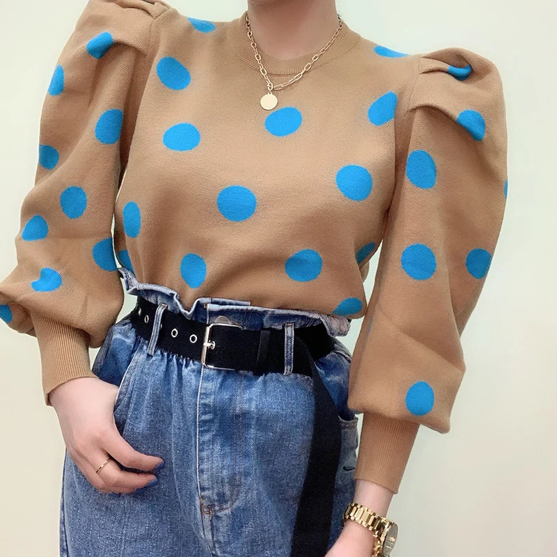 Женский трикотажный укороченный свитер уличный пуловер в горошек с длинными