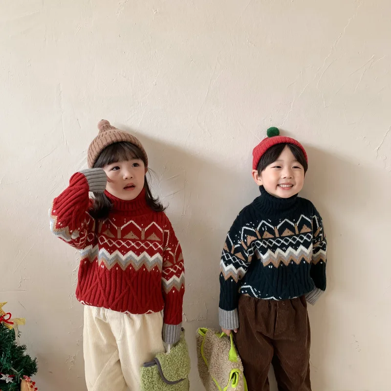 

Children's sweater 2021 winter Christmas Day children's sweater pure personality children's turtleneck knitting pullover sweater