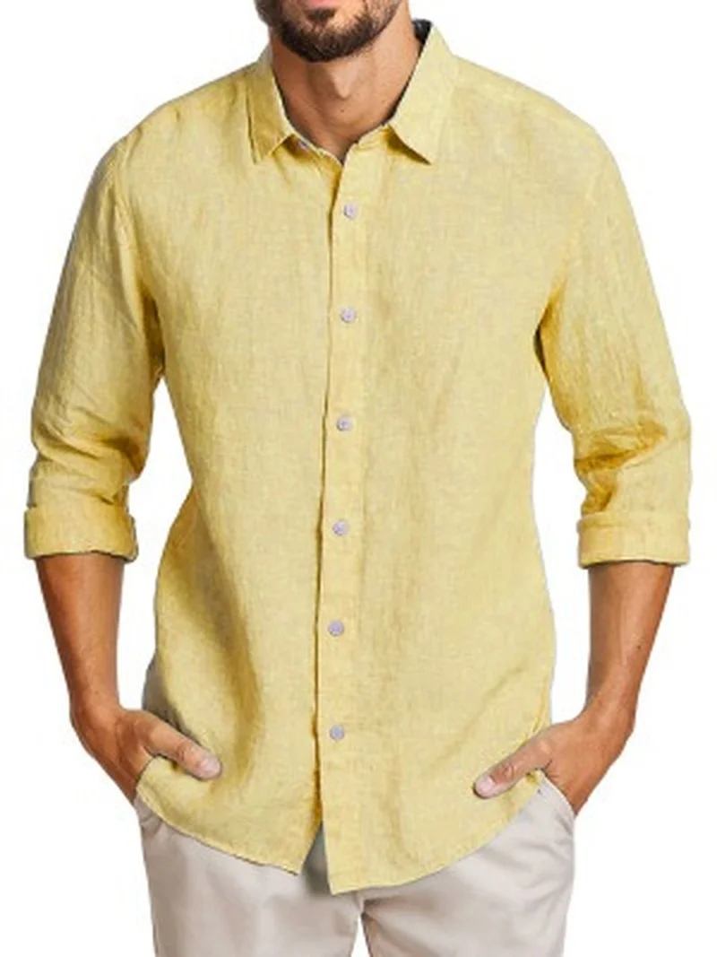 

WEPBEL Men Summer Shirt Male Cotton Linen Long Sleeve Turn Down Collar Single Breasted T-shirt Top