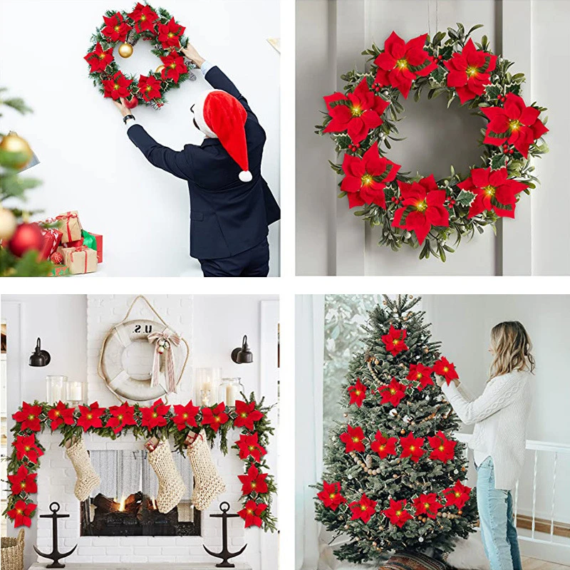 

Christmas Flower LED String Light Poinsettia Flowers Garland Christmas Decor for Home Xmas Tree Ornaments New Year Table Decor