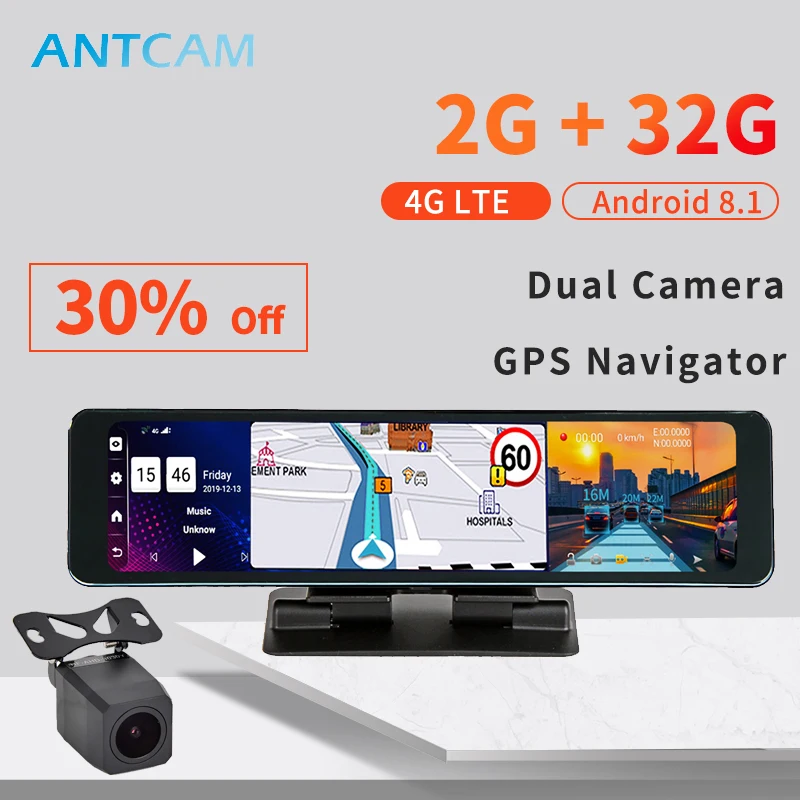 Русский язык Зеркало-видеорегистратор ANTCAM 12 дюймов 4G Android 8 1 GPS-навигация 2 Гб ОЗУ 32