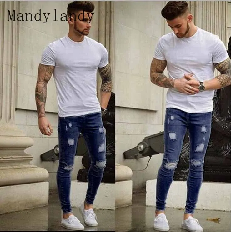 

Mandylandy Jeans Spring Summer Fashion Mid Waist Button Denim Trousers Men's Casual Solid Color Ripped Slim Denim Pencil Pants