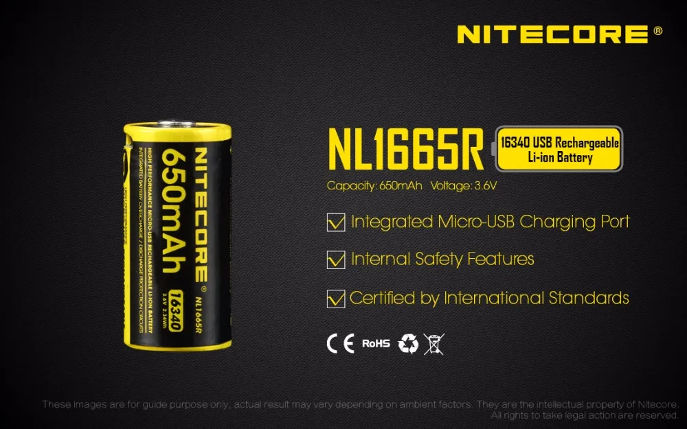 1 шт. NITECORE NL1665R Встроенный Micro-USB порт зарядки перезаряжаемые батареи 650 мАч 16340 батарея 3,6 В выход 2A Обновлено NL166