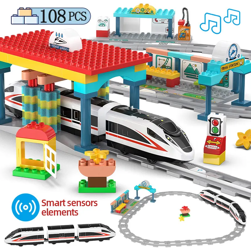 

City LED Induction Railway Track Train Station Building Blocks Technical Car Vehicle Large Particles Bricks Toys For Children