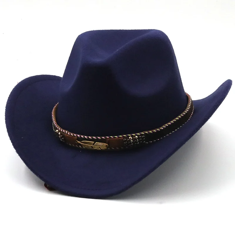

Metal Leaf Belt Cowboy Hat Autumn and Winter Woolen Top Hat Big Brim Jazz Felt Hat