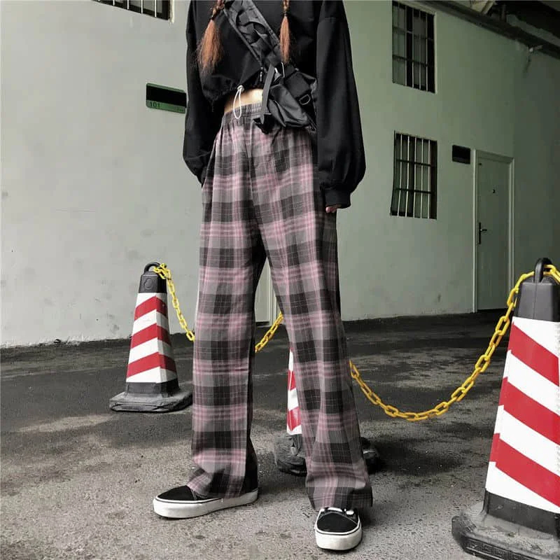 

Plaid Pants Men And Women Spring 2021 New Korean Wild Loose Bf Wind Elastic Waist Wide Leg Pants Trousers High Fashion