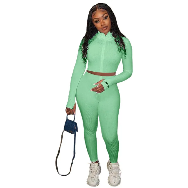2 PCS Outfits for Women Sexy Sporty Two Piece Set Lucky Label Letter Embroidery Ribbed Knit Tracksuit Fall Winter Clothes |
