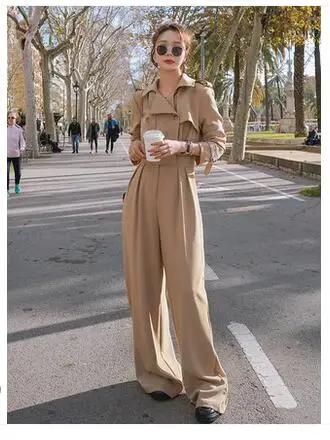 Женский сплошной комбинезон с завышенной талией тонкий широкими штанинами для