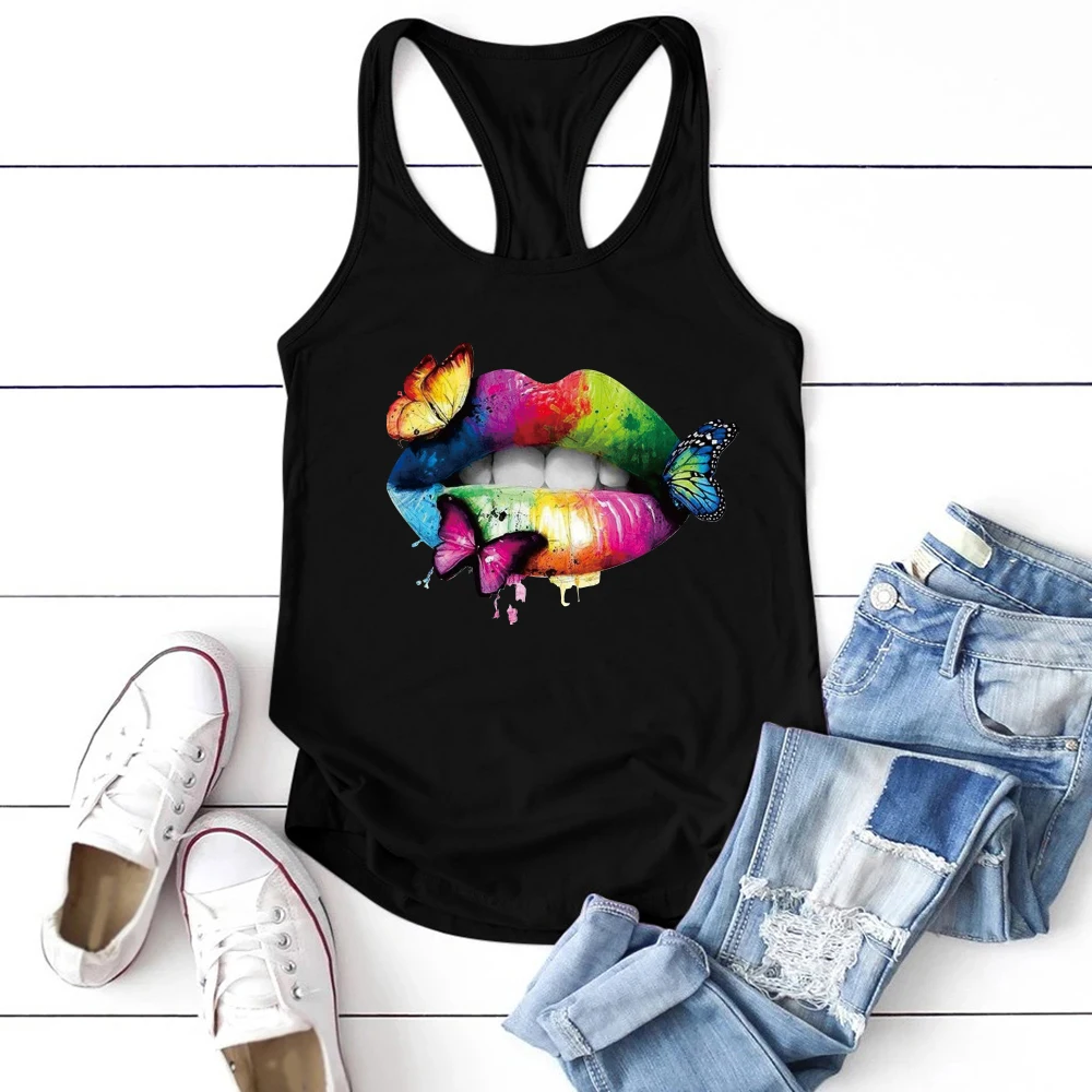 

Women Sleeveless Summer Vest for Women Crew Neck Ladies Tops Plus Size Ropa Mujer Multicolored Lips Butterflies Printed Tank Top