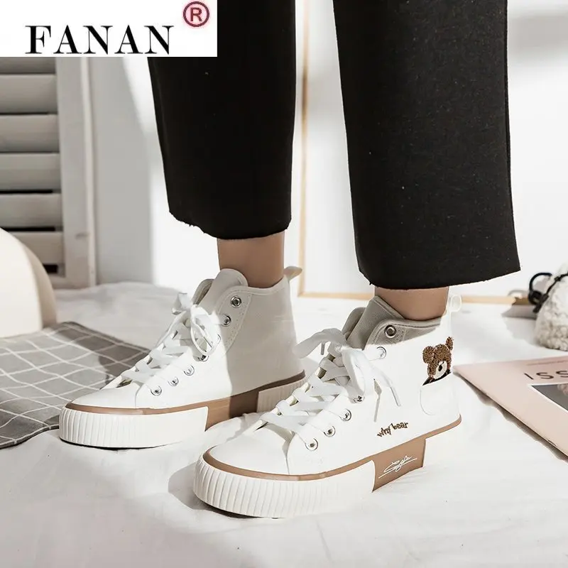 

Fashion Women Canvas Shoes High Top Flat Shoes for Women White Black Sneakers Board Shoes Bear Canvas Sneakers Sneakers Women