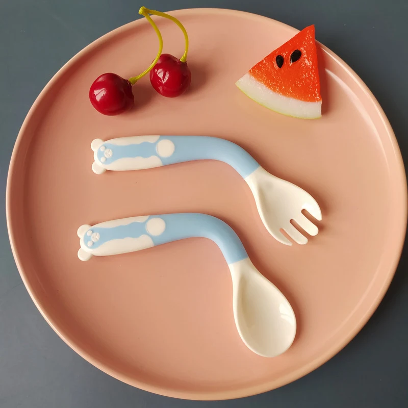 2 Pcs/Set Cute Cartoon Food Grade PP Baby Spoon Tableware Bendable Baby Utensil Spoon Fork Feeding Dishware Set