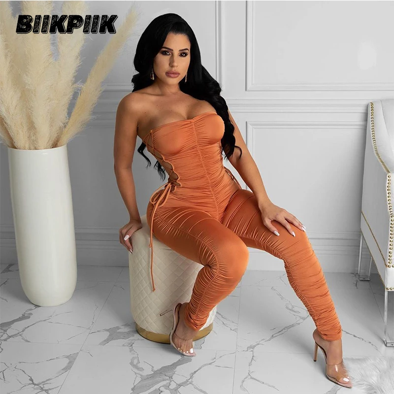 

BIIKPIIK женский обтягивающий однотонный комбинезон с вырезом без бретелек, длинные штаны, комбинезон, элегантный комбинезон для занятий спорт...