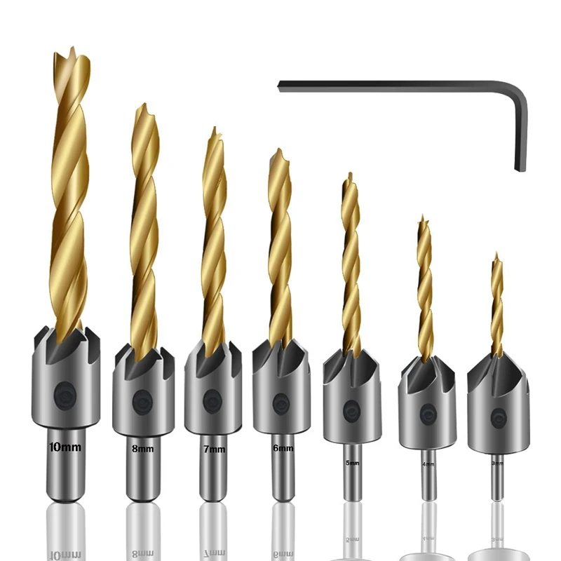 

7PCS Countersink Drill Bit, Titanium Plating Drill Bit Set Wood Drill Set Woodworking Chamfer, with Hex Wrench for Wood Drilling