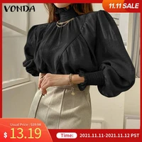 vonda 2021 spring blouse women casual long sleeve solid flare sleeve blusas femininas loose turtle neck pleated blouse