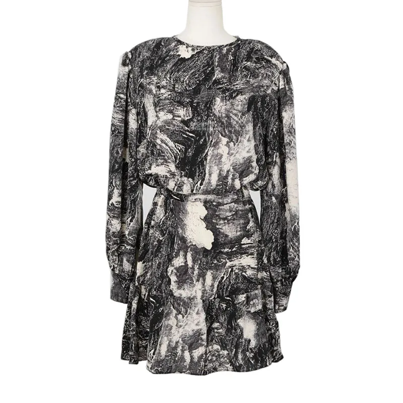 

PERHAPS U Black White Print Long Sleeve O Neck A Line Mini Dress Elegant Puff Sleeve D2174