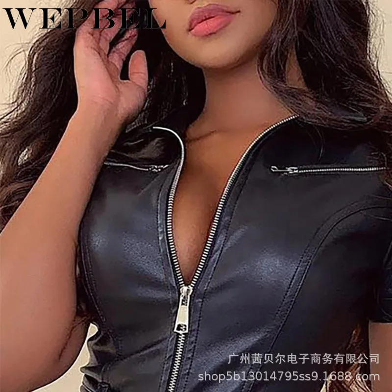 

Mandylandy Sexy Women PU Leather Playsuit Lady Skinny Zipper Lapel Collar Lace Up Romper Female Overalls