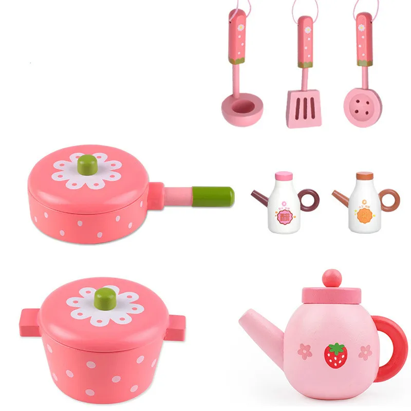 

Kids Wooden Pretend Play Toys Simulation Kitchen Toys Mini Kitchen Accessories Wooden Pan Teapot Toys for Children Girls Gift