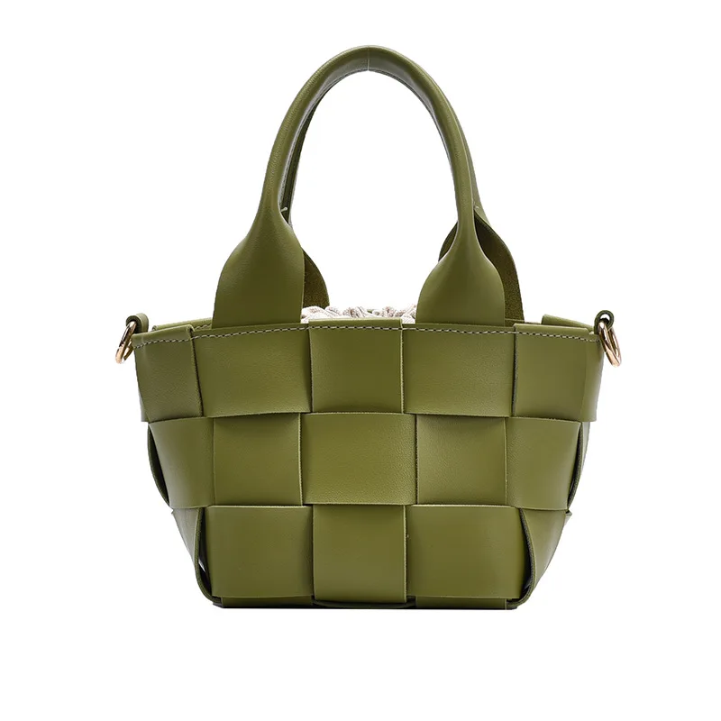 

Woven Design Pu Leather Small Bucket Handbag for Women 2021 Fashion Trend Crossbody Shoulder Bags Female Casual Travel Mini Tote