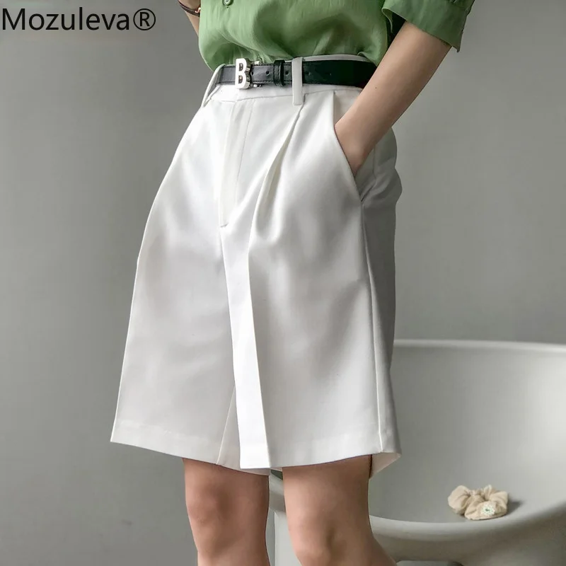 

Mozuleva 2021Spring Summer Straight Solid Shorts for Women Casual Chic High Waist Loose Belted Sashes Female Suits Shorts New