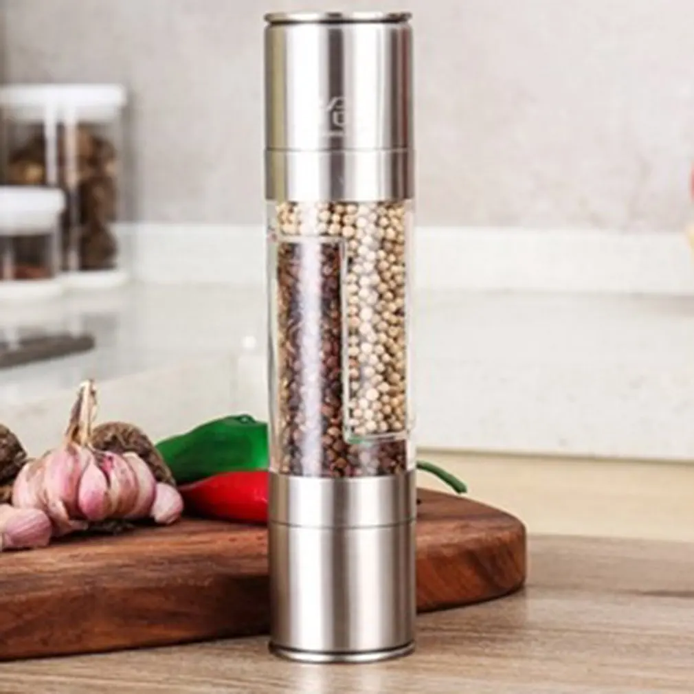 

New 2021 2 In 1 Dual Chambers Stainless Steal Sea Salt Pepper Grinder Adjustable Coarseness Spices Mill Seasoning Grind