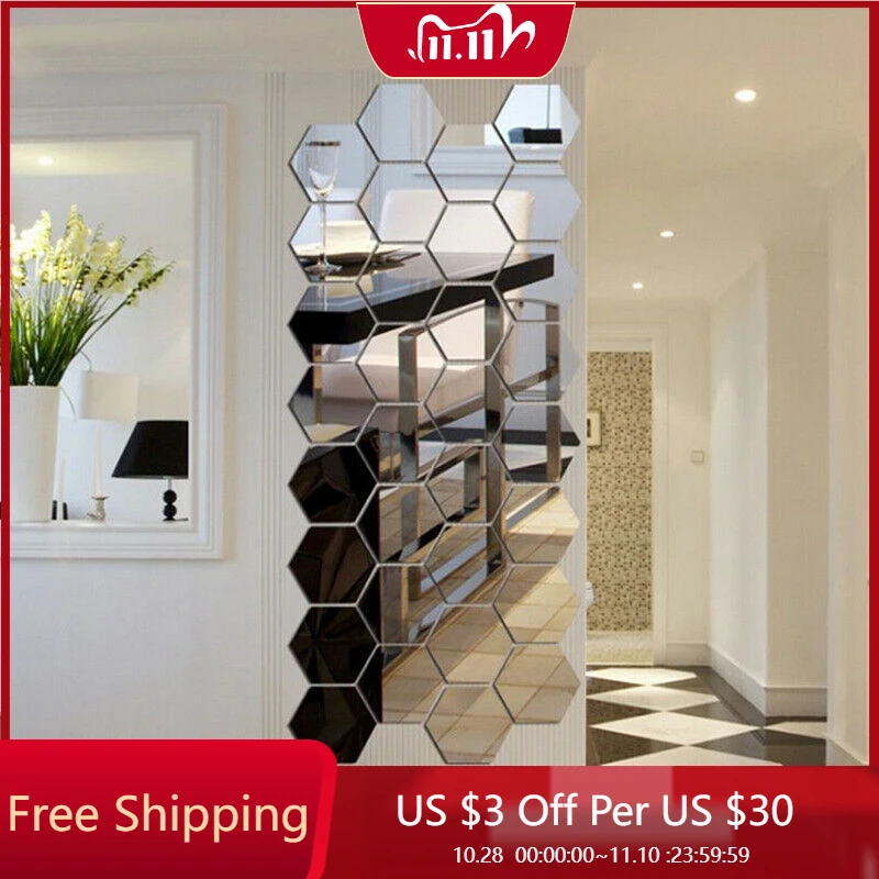 

Art Mirror Ornaments Shape DIY Large Decor Hexagon Mirror Wall Sticker 3D 12Pcs Wall Removable Living Room Decal Household