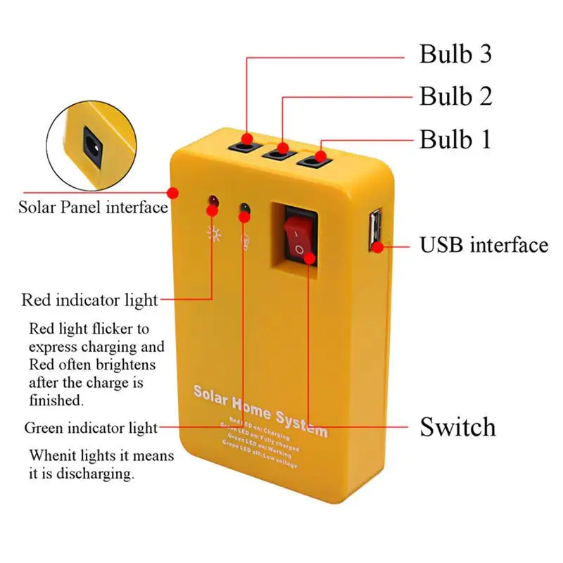 

Outdoor Solar Home System Kit DC Solar Panel Power Generator LED Light Bulbs Solar Camping Lighting System with USB Charger