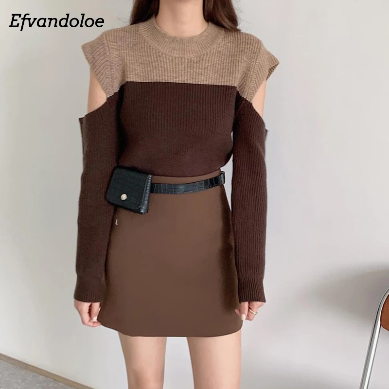 

Женский свитер с длинным рукавом, комбинированный цветной пуловер, джемпер, Осень-зима 2021