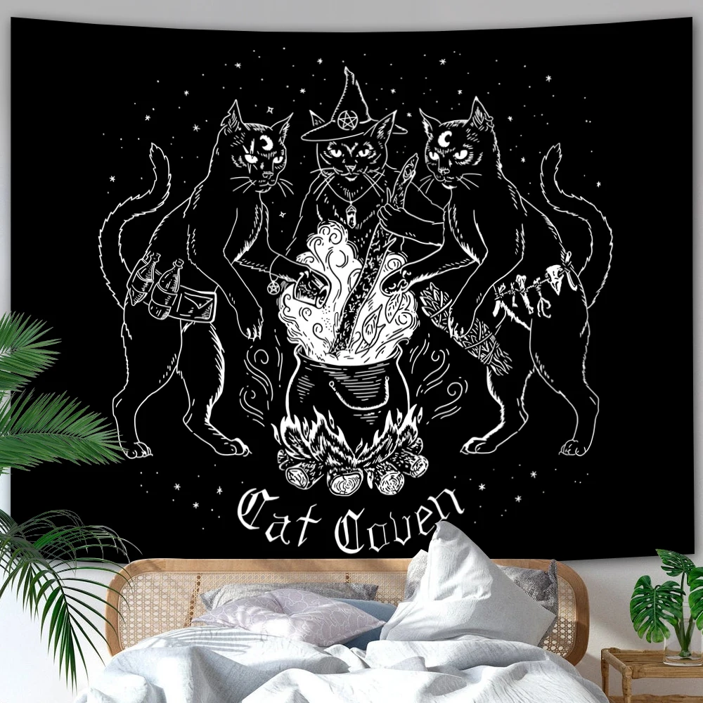 Flowers Cat Tapestry Wall Hanging Black and White for Bedroom Home Decor | Tapestries
