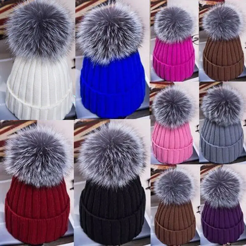 

Winter Warm Female Fur Pom Poms hat Spring Hat For Women Girl 's Hat Knitted Beanies Cap Hat Thick Women Skullies Beanies