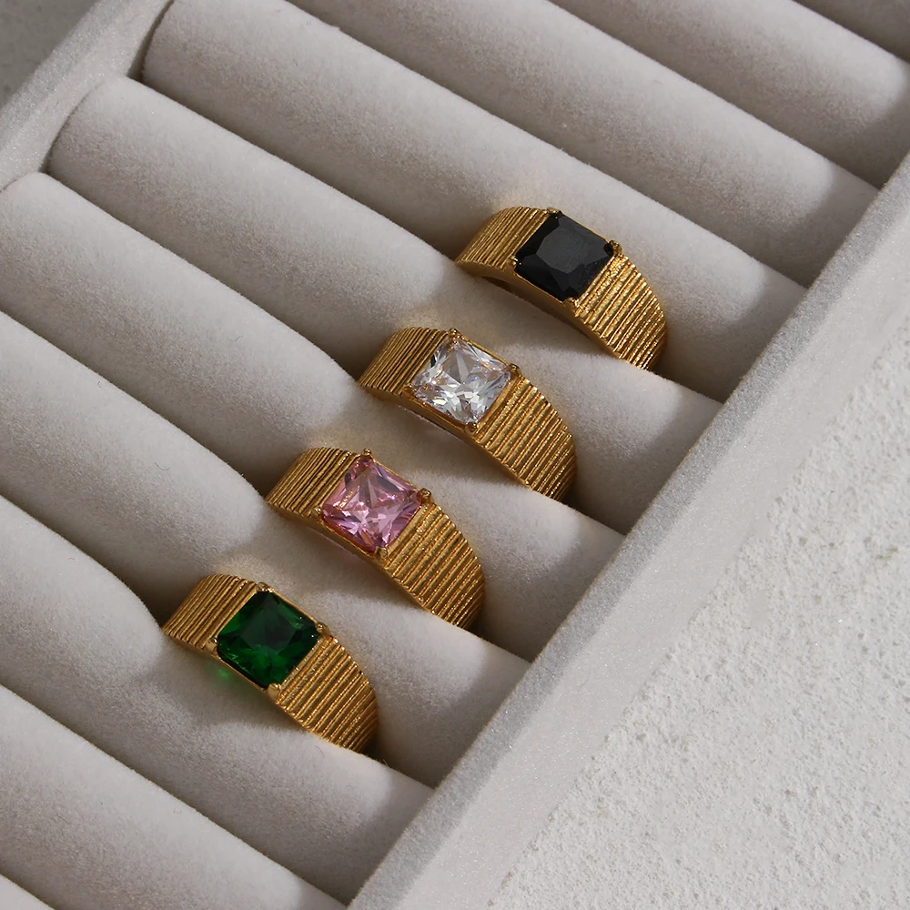 

Новые стильные красочные квадратные циркониевые кольца с камнем для женщин, позолоченные кольца в стиле хип-хоп из нержавеющей стали 18 карат, яркие ювелирные изделия, женские кольца