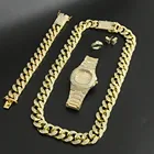 Роскошные мужские часы золотого цвета, ожерелье, браслеты, кольца и серьги, комплект из кубинской бижутерии со льдом, ожерелье в стиле хип-хоп для мужчин