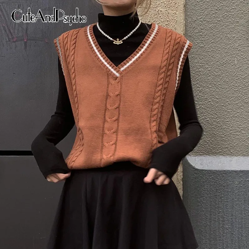 

V-neck Autumn Brown Casual Sweater Vests Basic Preppy Style Chic Tank Tops Harajuku Retro Knitwear Pullovers 90s Cuteandpsycho