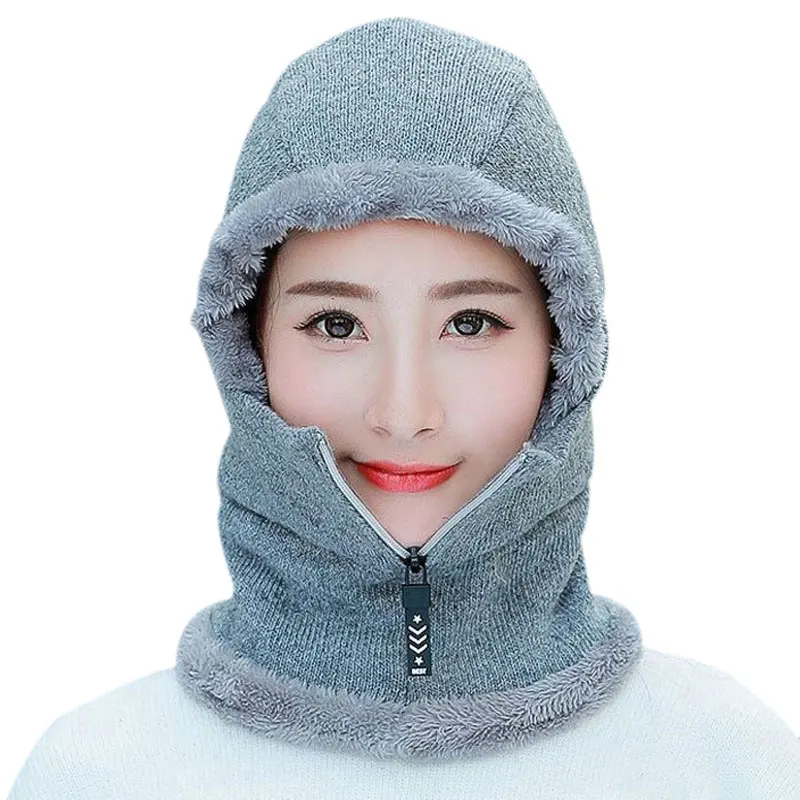 gray Skullies Beanies женская вязаная шапка шарф женские зимние шапки для женщин капот однотонная Балаклава маска Feminino Beanie Hat cap - Цвет: gray