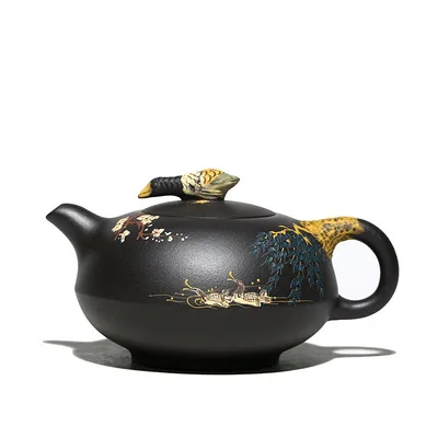 

370C Yixing Purple Clay Pot Handmade Mandarin Duck Play Cement Painted Teapot Household Duck Rhyme Pot Kungfu Teaware