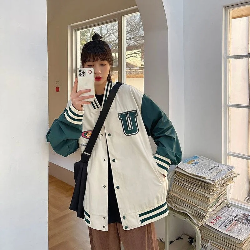 Куртка Женская бейсбольная в стиле унисекс свободная форма гонконгском ретро