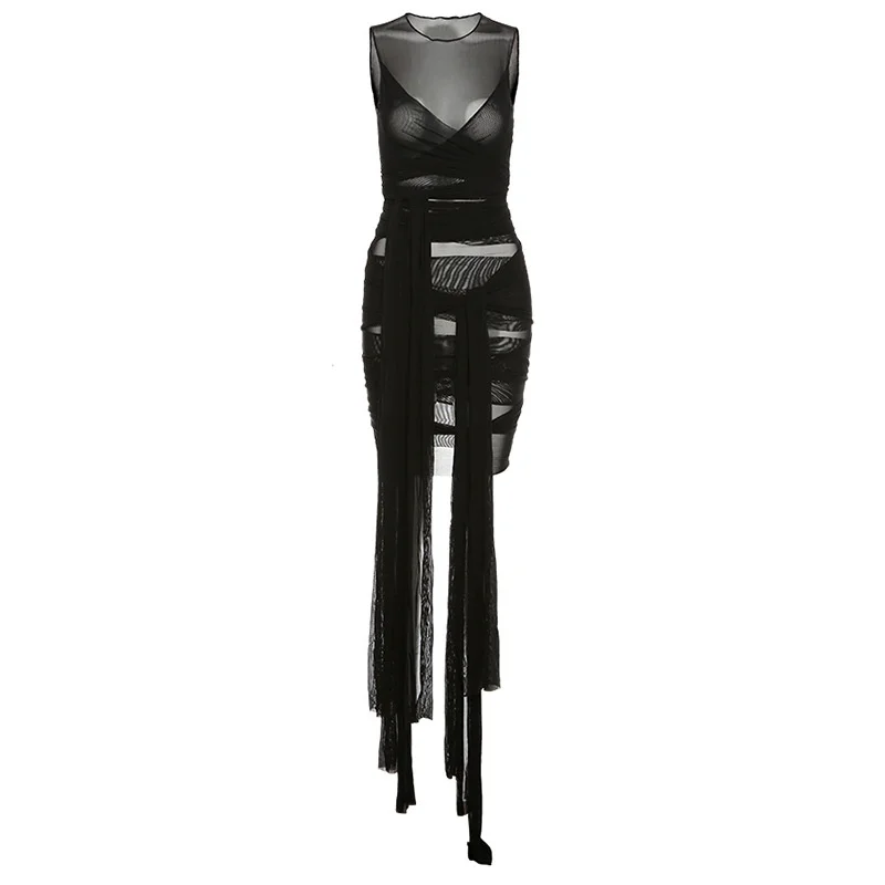

Ribbons Mesh See Through Party Dresses Bodycon Women Sexy Clubwear Mini Dress Solid Sleeveless Female Basic Dress Outfits