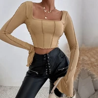 woman t shirt long flare sleeve square neck pullover backless top streetwear crop top knit shirts sexy nick women tease blouse