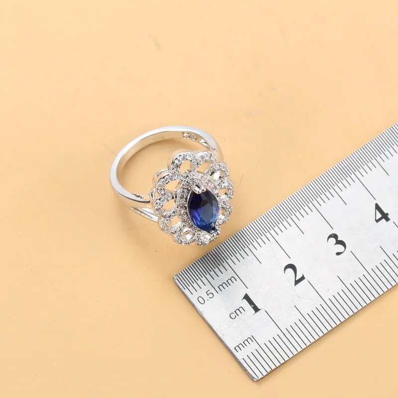 Perfect Bridal Costume Jewelry Sets With Natural Stone CZ Blue Dangle Earrings Necklace And Ring Wedding Party | Украшения и