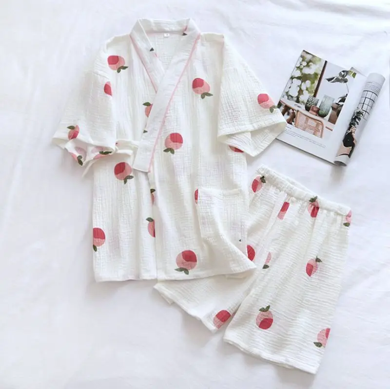 

Cotton Pajama Japanese Kimono Summer Ladies Suits with Shorts Two Piece Pyjama Pour Femme Home Service Sleepwear Pijamas 2021