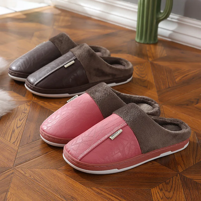 

Winter Women Slippers Indoor Waterproof Warm Slippers Home Fur Couple Shoes Flat Ladies PU Leather Men's Slipper Cotton Shoes