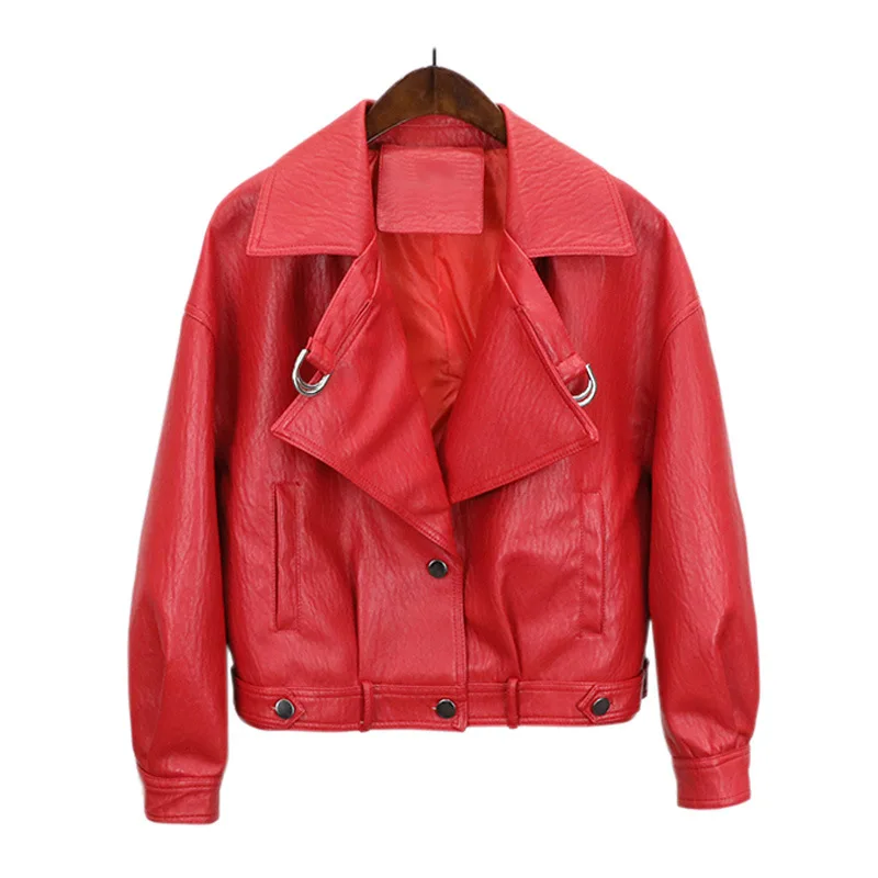 

Spring And Autumn Women's Long Sleeve Single Breasted Retro PU Leather Loose Leather Coat Women's Short Street Lapel Coat
