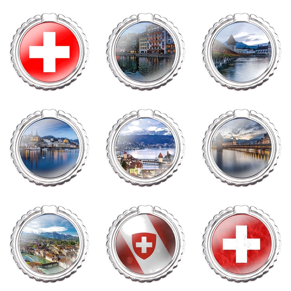 Роскошная гибридная металлическая подставка для телефона с изображением озера и флага Швейцарии, 360 градусов