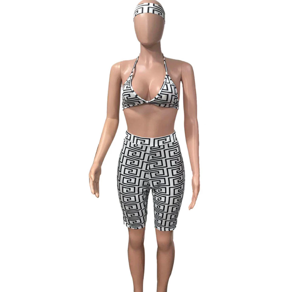 

Women Sexy Three Piece Set Head Scarf+Crop Tops+Bodycon Shorts Suits Summer Beach Outfits 3 Piece Tracksuit Biker Shorts Set