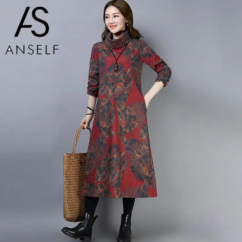 Женское платье с длинным рукавом ANSELF винтажное халат этническим принтом и