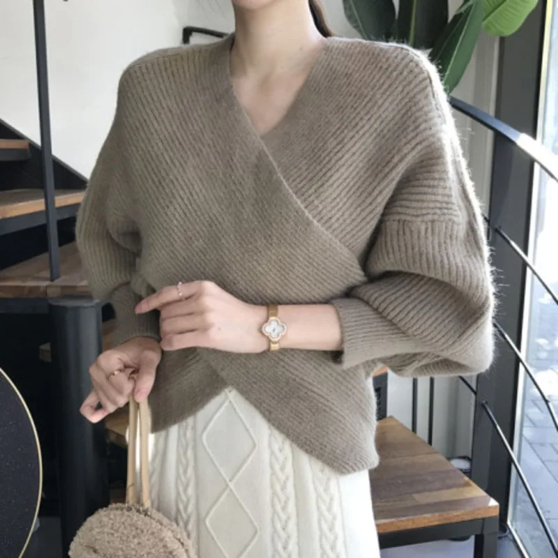 

Толстая теплая Корейская перекрестом, с v-образным вырезом, вязаный пуловер, свитер для женщин 2020 осень-зима стянуть часть на каждый день жен...